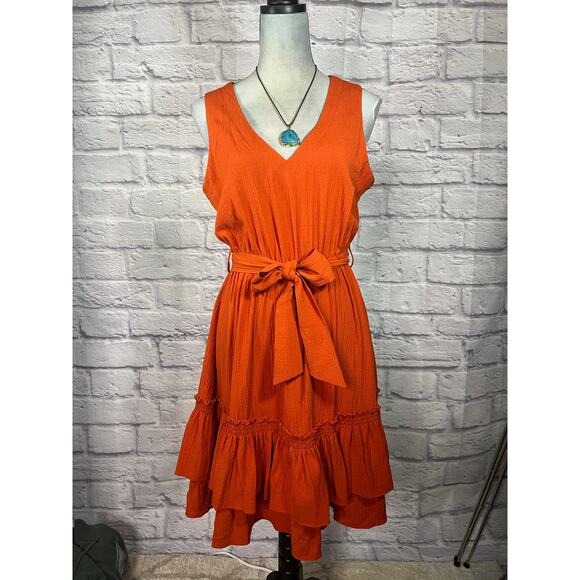 Calvin Klein Layered Ruffle Dress with Self Belted Sash Waist - Picture 1 of 7